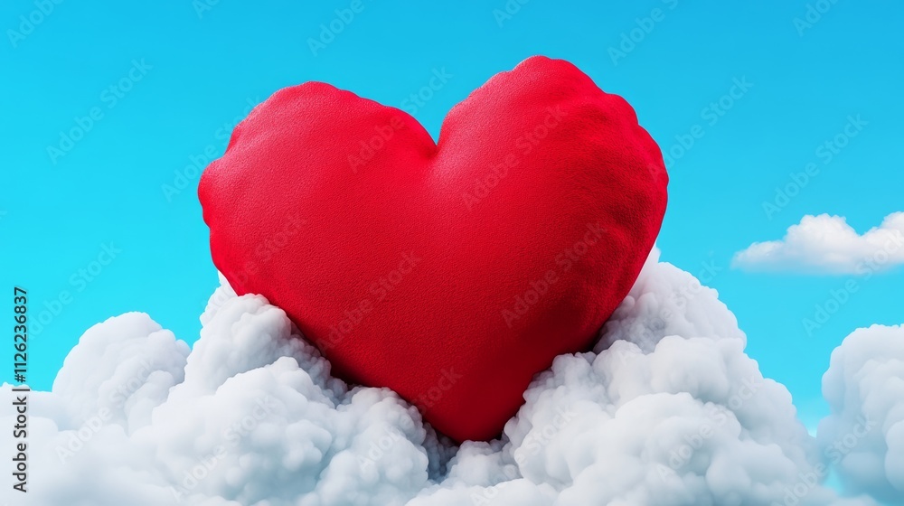 Red heart is on top of a cloud. The heart is surrounded by fluffy white clouds, creating a dreamy and romantic atmosphere Red heart is on top of a cloud. The heart is surrounded by fluffy white clouds, creating a dreamy and romantic atmosphere