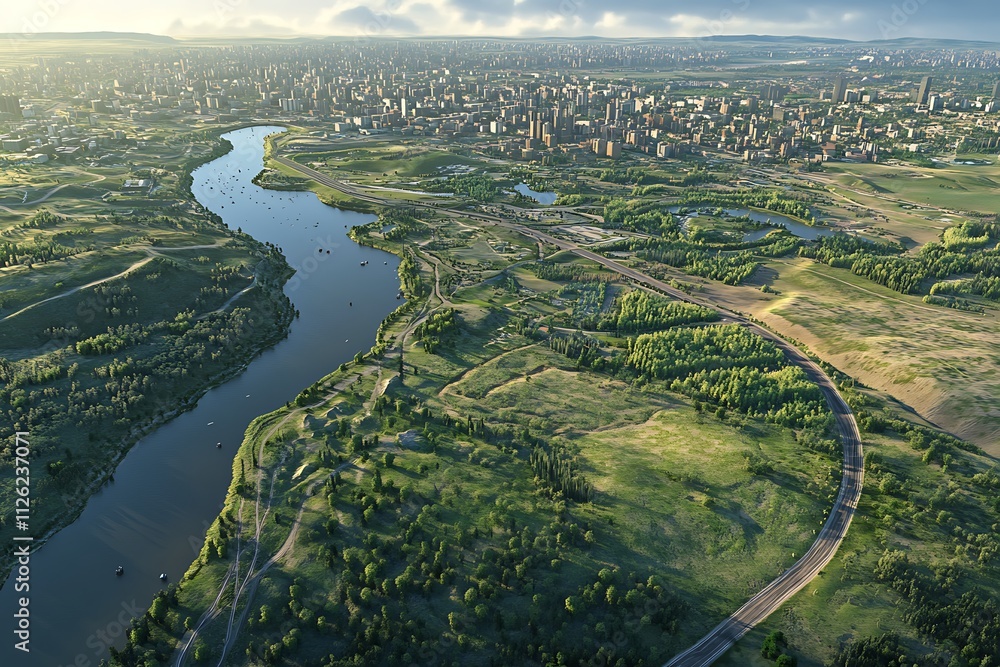Aerial view of a lush landscape with a winding river and city skyline in the background. Aerial view of a lush landscape with a winding river and city skyline in the background.