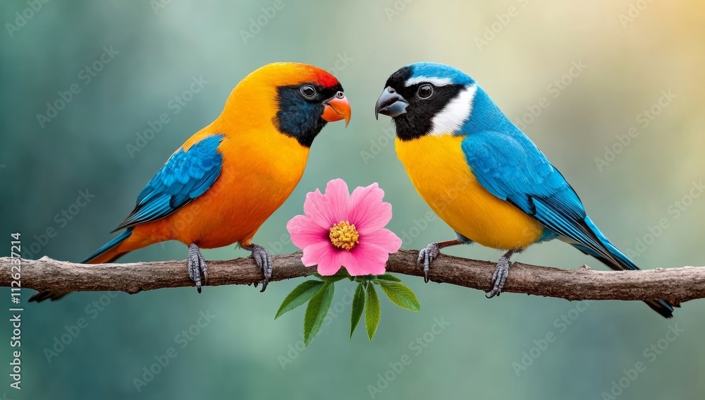 Naklejka premium Two birds are perched on a branch with a pink flower in between them. The birds are of different colors, one is yellow and the other is blue. Concept of harmony and beauty, as the birds