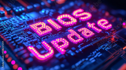 Neon bios update on circuit board with glowing purple lights