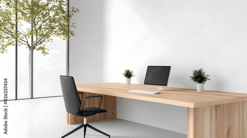 Fototapeta premium Modern office interior, adjustable chairs, innovative technology, 3D isometric view on white
