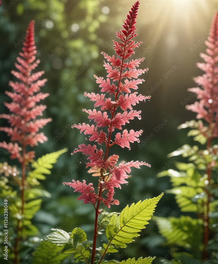 An astilbe plant with its leaves and stems adorned with water droplets and knoppen, caught in the warm light of a sunny afternoon, leafy greens, foliage An astilbe plant with its leaves and stems adorned with water droplets and knoppen, caught in the warm light of a sunny afternoon, leafy greens, foliage