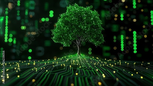 A vibrant tree emerges from a digital landscape, symbolizing the connection between nature and technology with glowing green circuits and a futuristic backdrop.