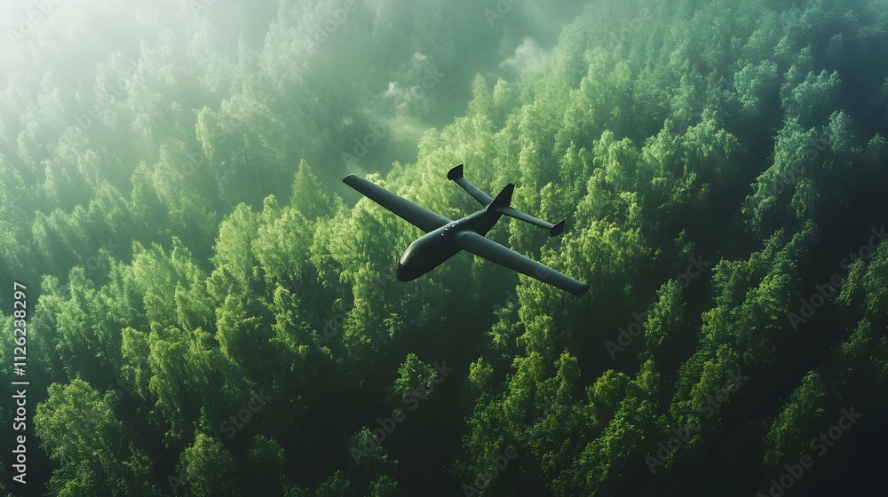 Naklejka premium Stealth Drone Soaring Over Verdant Forest Landscape in Soft Daylight