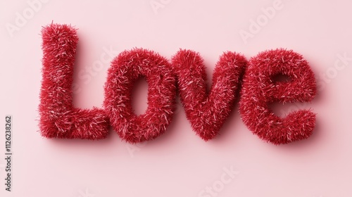 The image is a close up of the word LOVE written in red. The letters are made of fuzzy, tangled hair, giving the word a playful and whimsical appearance. The pink background adds a touch of romance