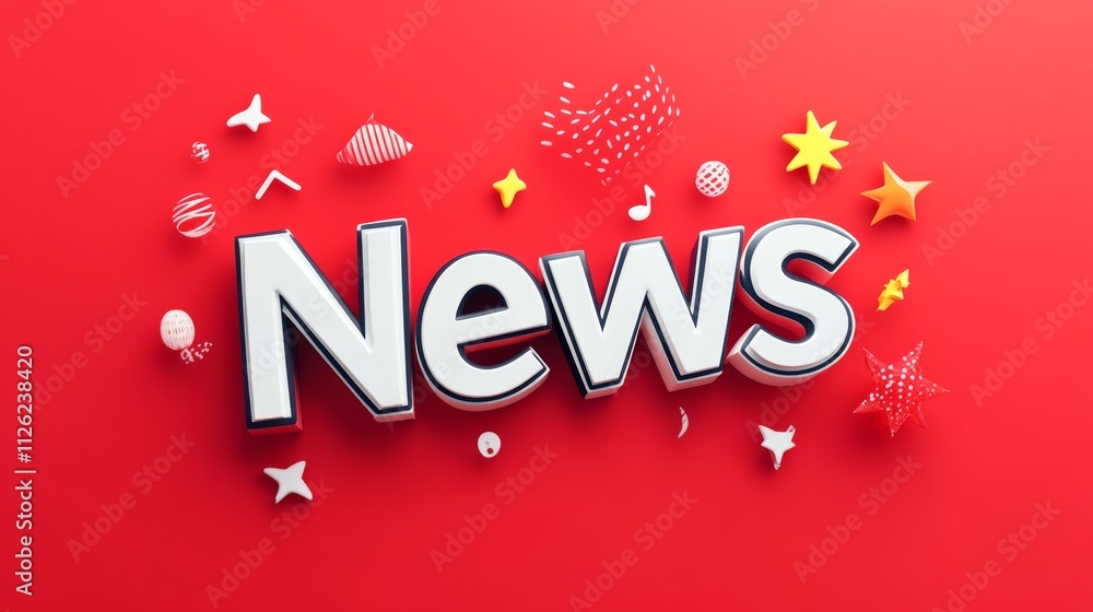 Fototapeta premium Red background with a white word that says news. The word is surrounded by stars and other shapes