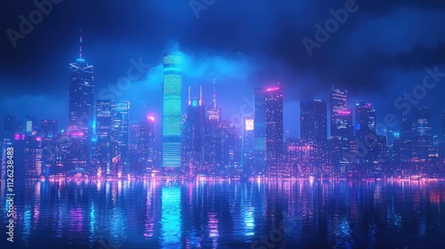 Wallpaper Mural Neon Cityscape at Night: A Futuristic Metropolis Reflected in Calm Waters Torontodigital.ca
