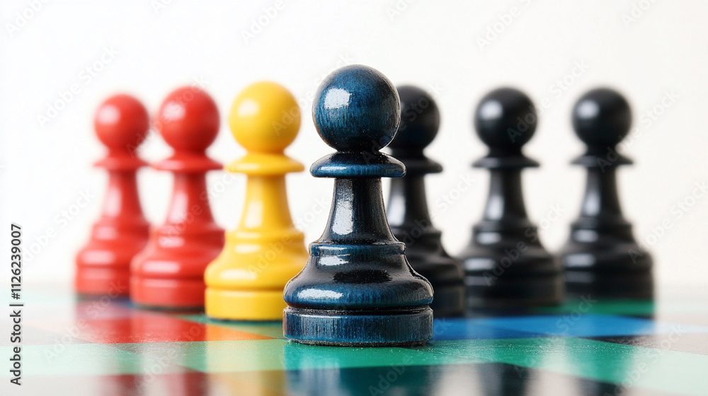 Colorful chess pawns positioned on a vibrant board representing strategy, competition, and game concepts in a visually striking arrangement Colorful chess pawns positioned on a vibrant board representing strategy, competition, and game concepts in a visually striking arrangement