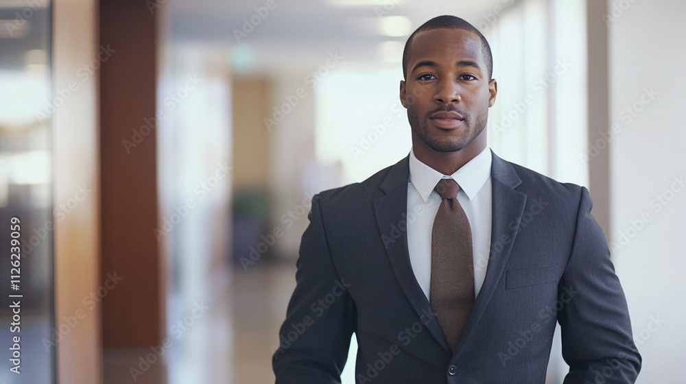 Confident African American Businessman in Formal Attire Walking Through Modern Office Setting with Natural Light and Professional Atmosphere Confident African American Businessman in Formal Attire Walking Through Modern Office Setting with Natural Light and Professional Atmosphere