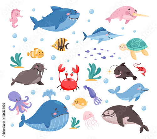 Sea Animal and Marine Underwater Swimming Creature Vector Set