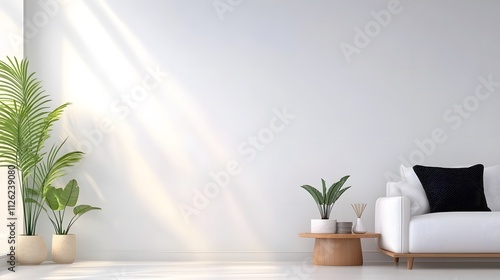 Contemporary living room with white sofa, black knot pillow, wooden table, lush plants, blank wall, urban jungle style, 3D render