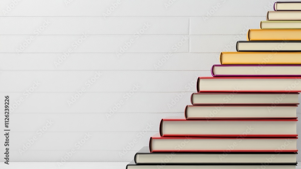 Stack of books is shown in a row, with the bottom book being the largest and the top book being the smallest. The books are arranged in a way that creates a sense of progression Stack of books is shown in a row, with the bottom book being the largest and the top book being the smallest. The books are arranged in a way that creates a sense of progression