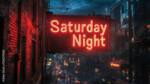 Neon saturday night sign in rainy city street at night