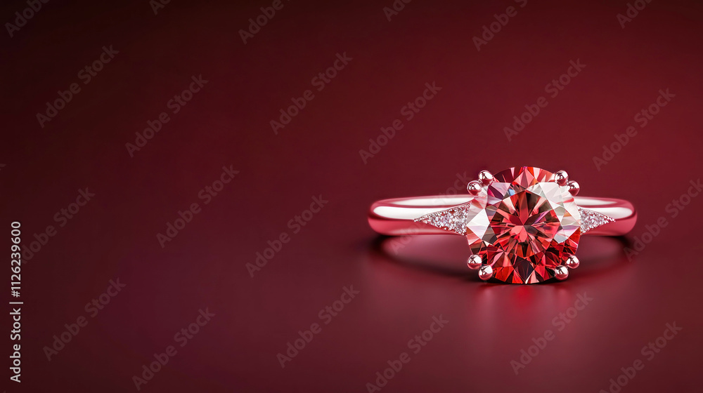 Ring with a large diamond on a burgundy background. Banner with place for text. Engagement and Valentine's Day concept Ring with a large diamond on a burgundy background. Banner with place for text. Engagement and Valentine's Day concept