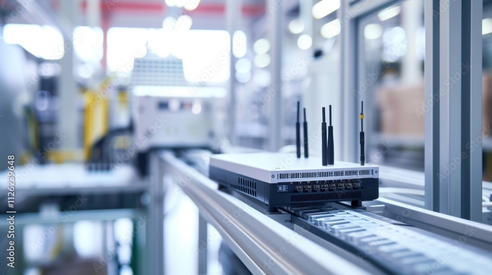 A detailed shot of a compact wireless 5G modem connected to an edge computing device in a manufacturing facility. With this setup large volumes of data from various sensors A detailed shot of a compact wireless 5G modem connected to an edge computing device in a manufacturing facility. With this setup large volumes of data from various sensors
