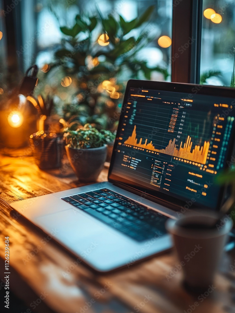 A cozy environment with a laptop displaying active trading data, plants, and warm lighting on a wooden desk. A cozy environment with a laptop displaying active trading data, plants, and warm lighting on a wooden desk.