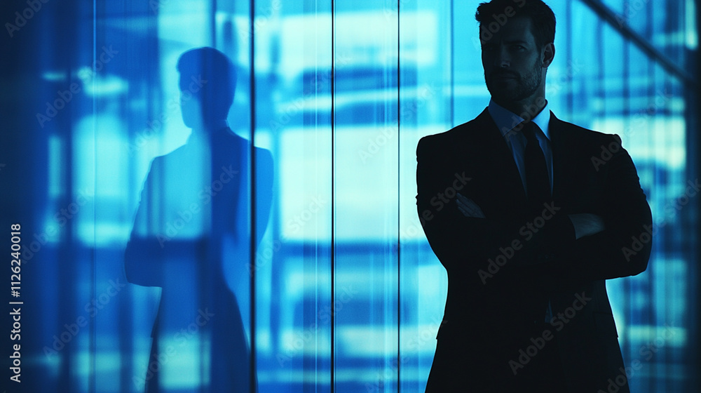 Fototapeta premium Businessman Standing Confidently in Modern Office with Blue Lighting and Shadow Reflection on Glass Wall Emphasizing Professionalism and Power