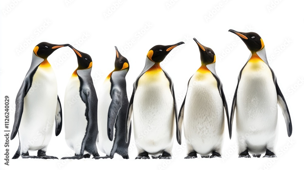 Fototapeta premium A Group of King Penguins Standing in a Row Against a White Background