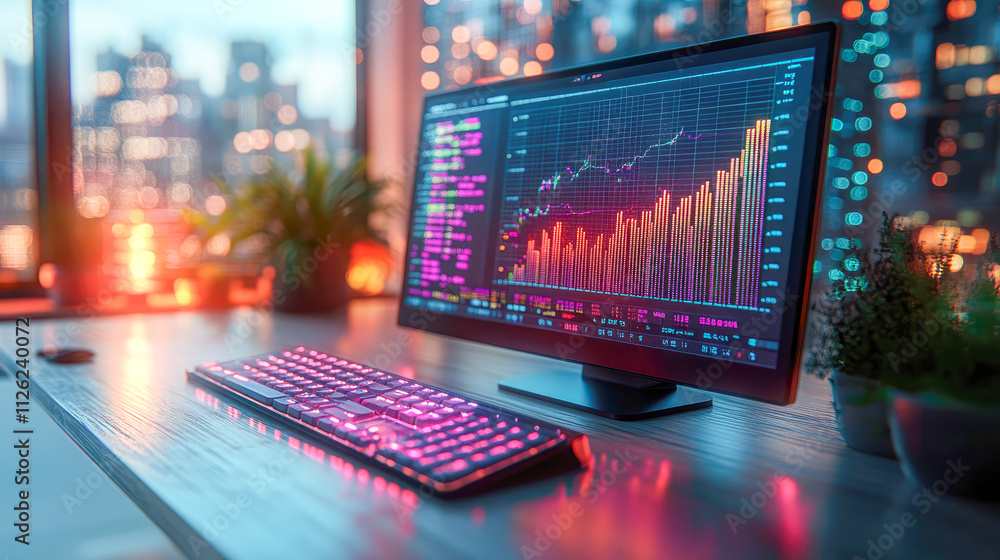A vibrant trading monitor displays financial data graphs in a modern city office, highlighting success trends. A vibrant trading monitor displays financial data graphs in a modern city office, highlighting success trends.