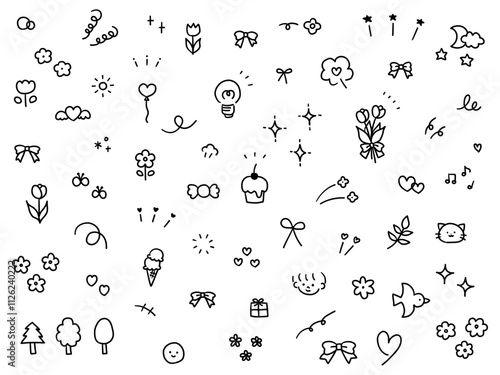 手書きの飾りイラストのベクターイラストセット。手描き、集中線、注目、星、ハート、リボン