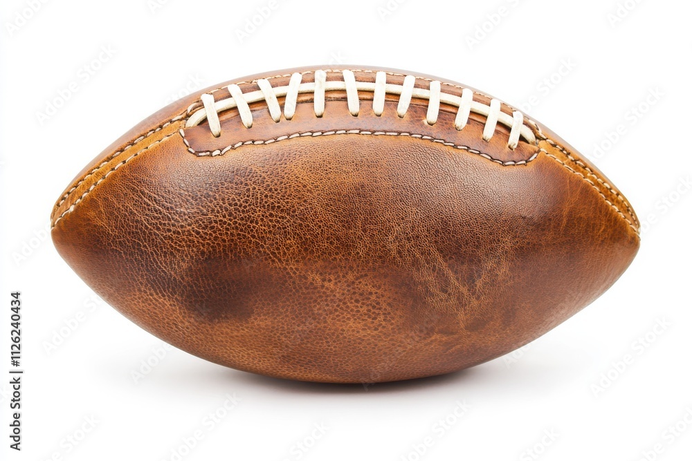 A classic brown American football with visible stitching and textured leather surface A classic brown American football with visible stitching and textured leather surface