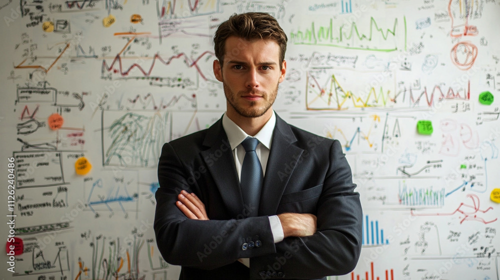 Confident Businessman Standing in Front of Colorful Data Charts and Graphs with Analytical Strategy in Mind for Corporate Success Concepts Confident Businessman Standing in Front of Colorful Data Charts and Graphs with Analytical Strategy in Mind for Corporate Success Concepts