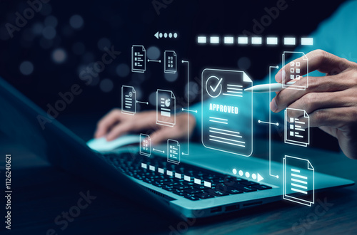 Businessman touching on document for online approve paperless quality assurance and ERP management concept.E-document management, online documentation database, paperless office concept