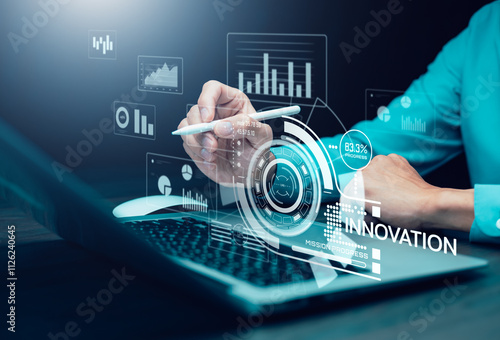 Innovation with Graphical User Interface Concept, businessman pointing on a virtual panoramic screen. Innovative ideas presented by management consultants on-screen, design, invention development