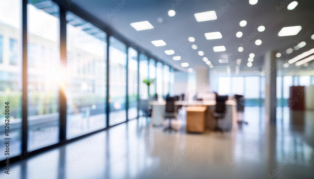 Blurred empty open space office. Abstract light bokeh at office interior background Blurred empty open space office. Abstract light bokeh at office interior background