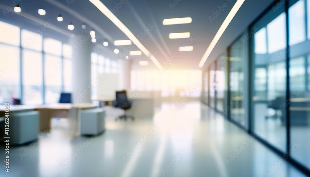 Blurred empty open space office. Abstract light bokeh at office interior background Blurred empty open space office. Abstract light bokeh at office interior background
