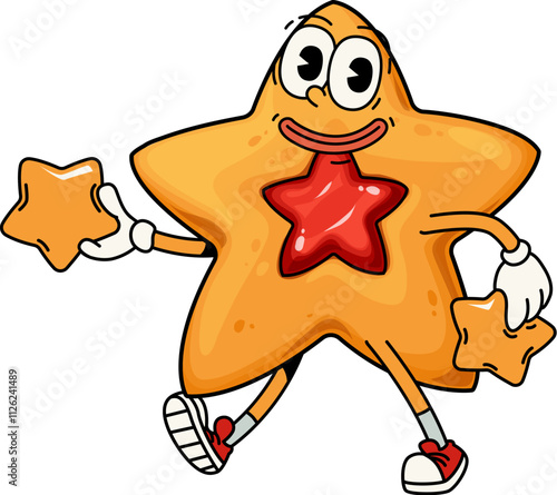 Funny groovy star cookie dessert character wearing sneakers, carrying small twinkles with cheerful and expressive face. Cartoon vector shortbread bakery retro food personage with jam and funny smile