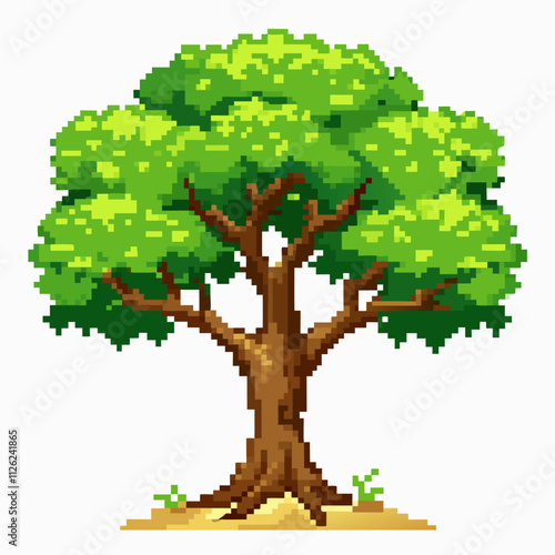 Pixel Art Tree with Vibrant Green Leaves and Brown Trunk on White Background