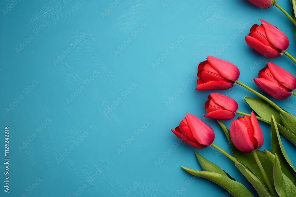 A blue background with a row of red tulips A blue background with a row of red tulips