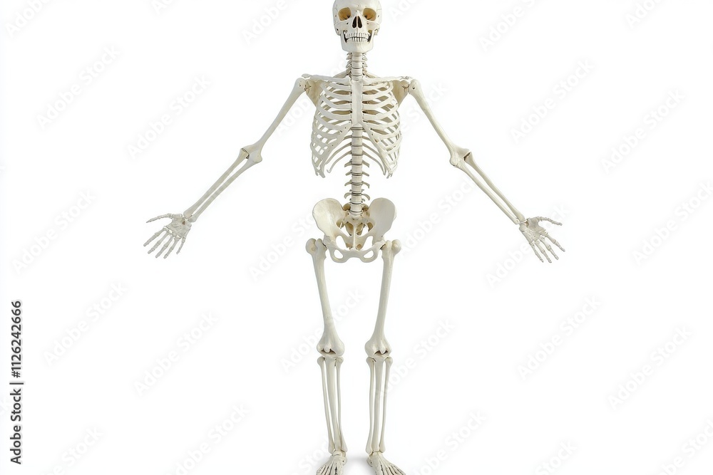 A detailed human skeleton model standing upright with arms slightly raised A detailed human skeleton model standing upright with arms slightly raised