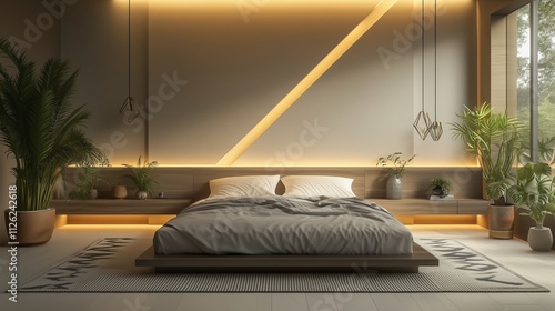 A contemporary bedroom with a king-size bed, indoor plants, and geometric wall decor. The room is designed with a minimalist aesthetic, featuring natural materials and soft, ambient lighting. photo