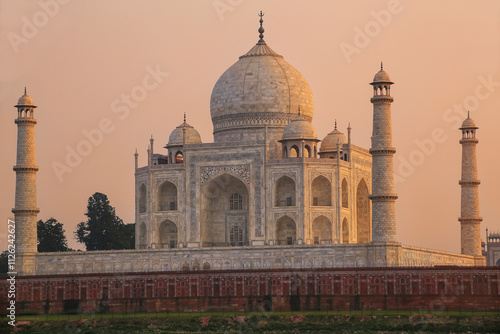 View of Taj Mahal from Mehtab Bagh garden in the evening, Agra, Uttar Pradesh, India