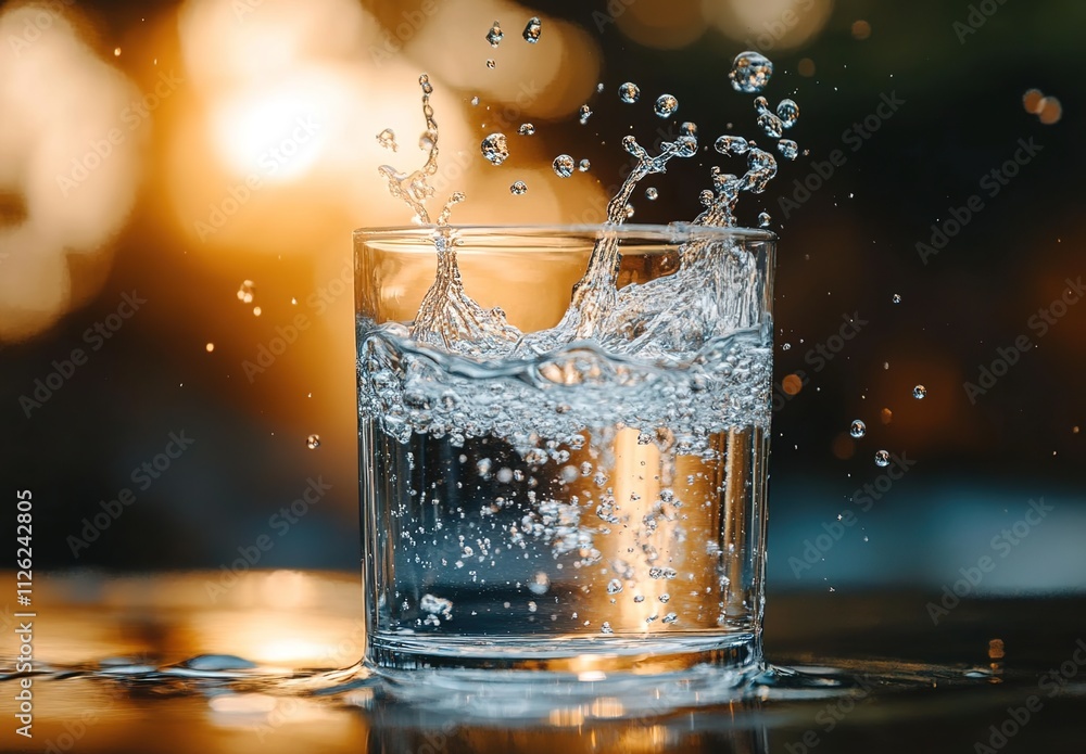 Water being poured into a glass, close-up shot, blurred background Water being poured into a glass, close-up shot, blurred background