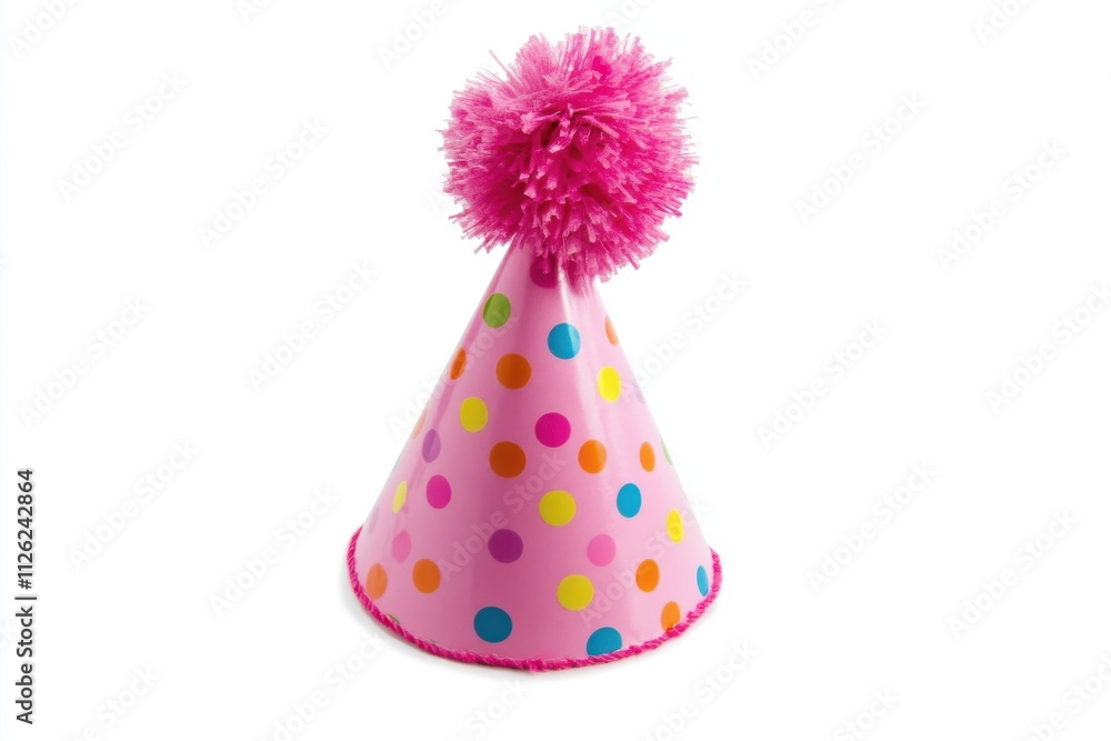 A festive cone shaped party hat with colorful polka dots on a bright pink surface A festive cone shaped party hat with colorful polka dots on a bright pink surface