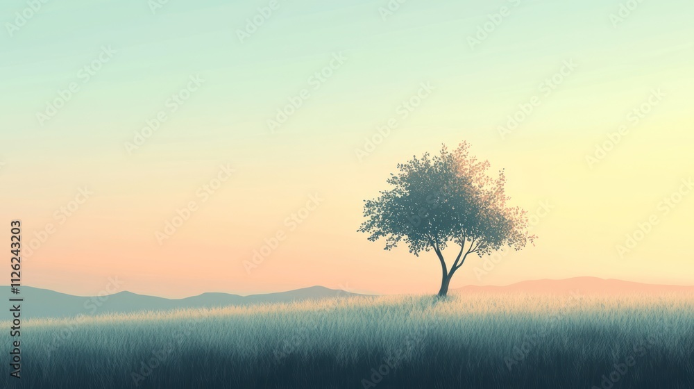 Obraz premium Solitary Tree Stands in Grassy Field at Sunset