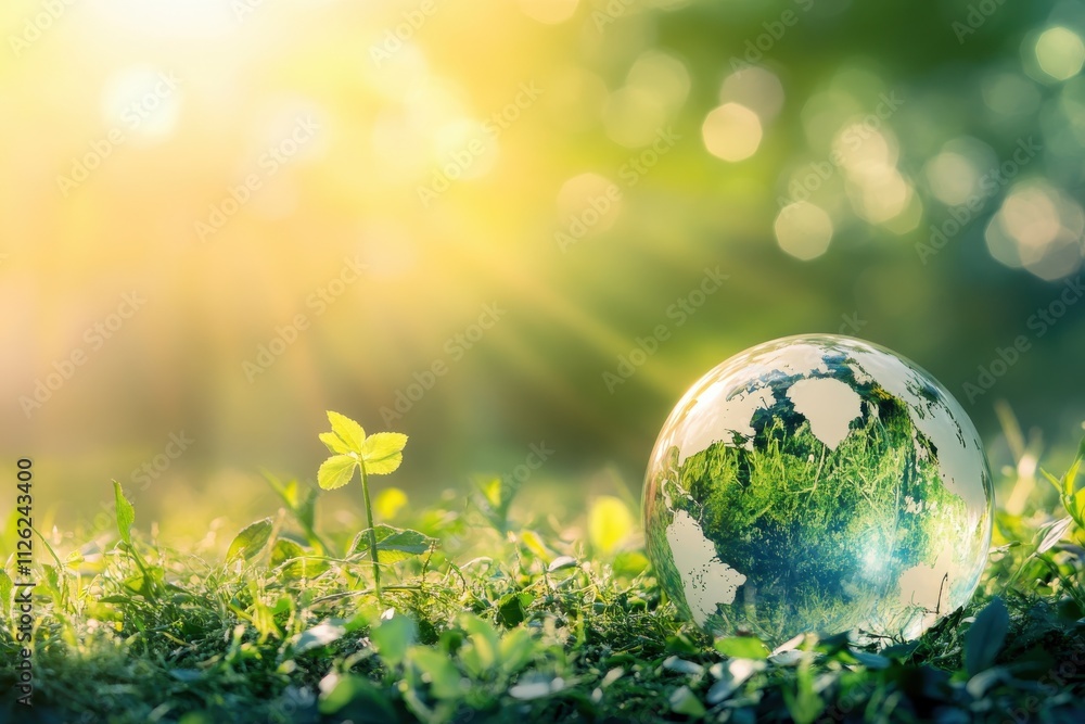 A glass globe resting on green grass with fresh leaves growing around it A glass globe resting on green grass with fresh leaves growing around it