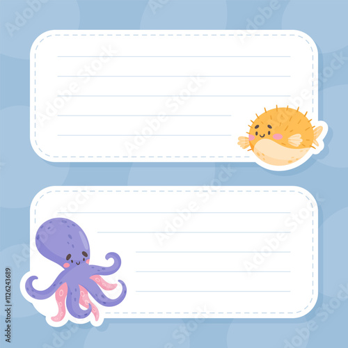 Note Card with Sea Animal and Marine Underwater Swimming Creature Vector Template