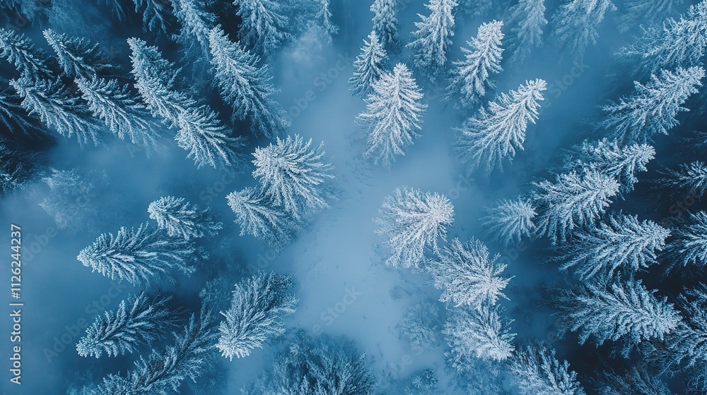 Aerial View of Frosty Winter Forest Landscape Covered in Snow Aerial View of Frosty Winter Forest Landscape Covered in Snow
