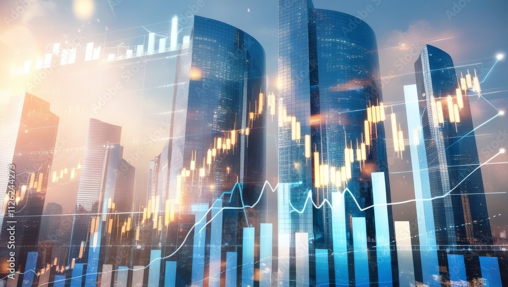 Abstract virtual financial graph hologram on blurry modern office building background, forex and investment concept. Abstract virtual financial graph hologram on blurry modern office building background, forex and investment concept.