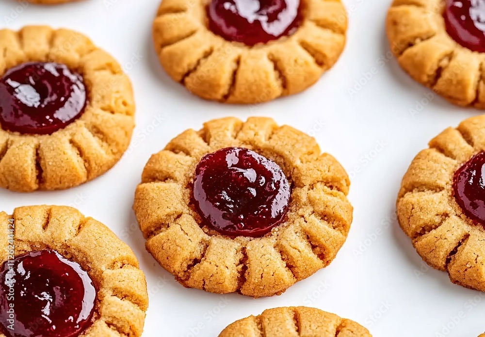 Close-up of multiple jam cookies with the interior visible, laid out on a white surface. Close-up of multiple jam cookies with the interior visible, laid out on a white surface.