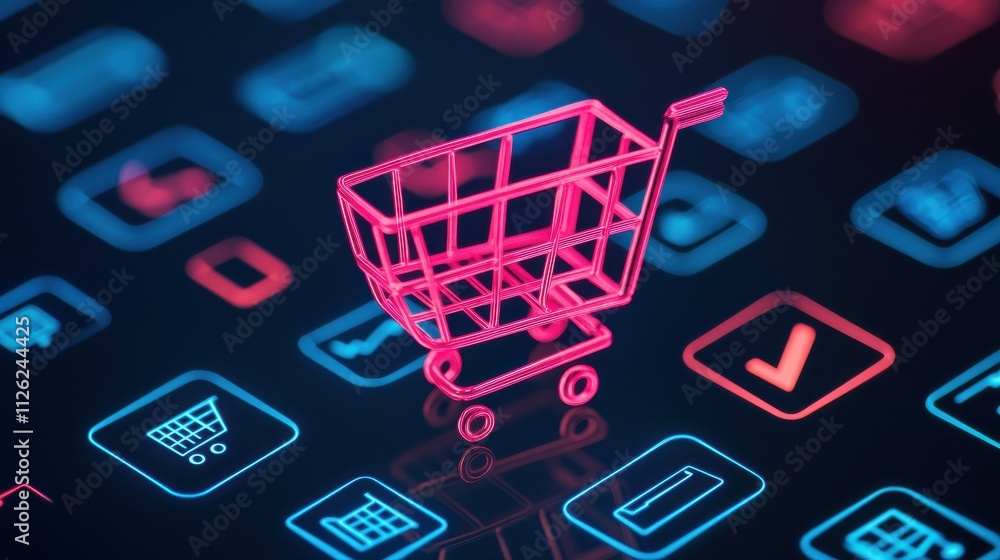 A digital shopping cart icon on a glowing touchscreen with various app symbols, representing e-commerce and online shopping. A digital shopping cart icon on a glowing touchscreen with various app symbols, representing e-commerce and online shopping.