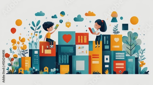 Children Engaged in Play with Colorful Flat Design Elements
