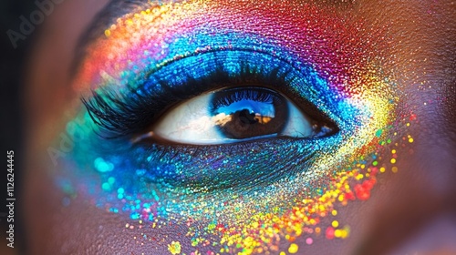 Vibrant Rainbow Eyeshadow Makeup Close-Up Enhancing Eye with Blend of Colorful Shades for Depth and Shimmer