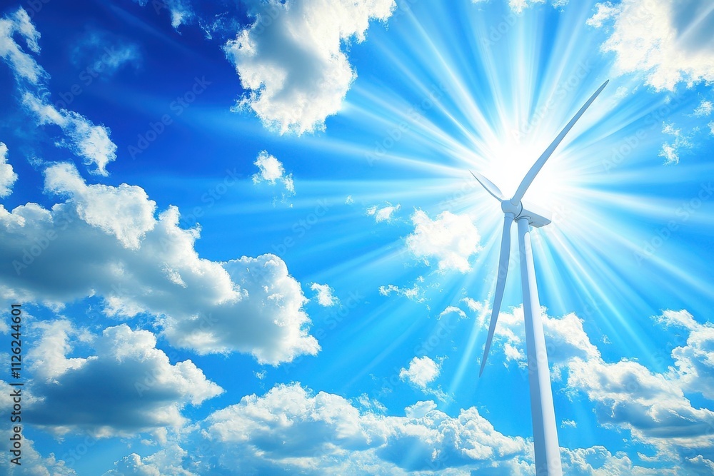 Fototapeta premium A large white wind turbine against a bright blue sky filled with scattered white clouds