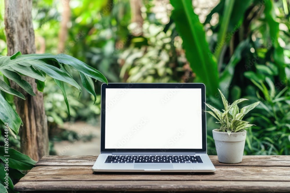 Nature-inspired mockup laptop with blank screen on rustic wooden table surrounded by lush greenery outdoor workspace concept for creative projects Nature-inspired mockup laptop with blank screen on rustic wooden table surrounded by lush greenery outdoor workspace concept for creative projects