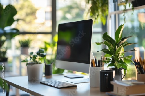 Wallpaper Mural Modern office setup mockup featuring desktop computer and plants bright workspace in urban environment with natural light for productivity and inspiration Torontodigital.ca